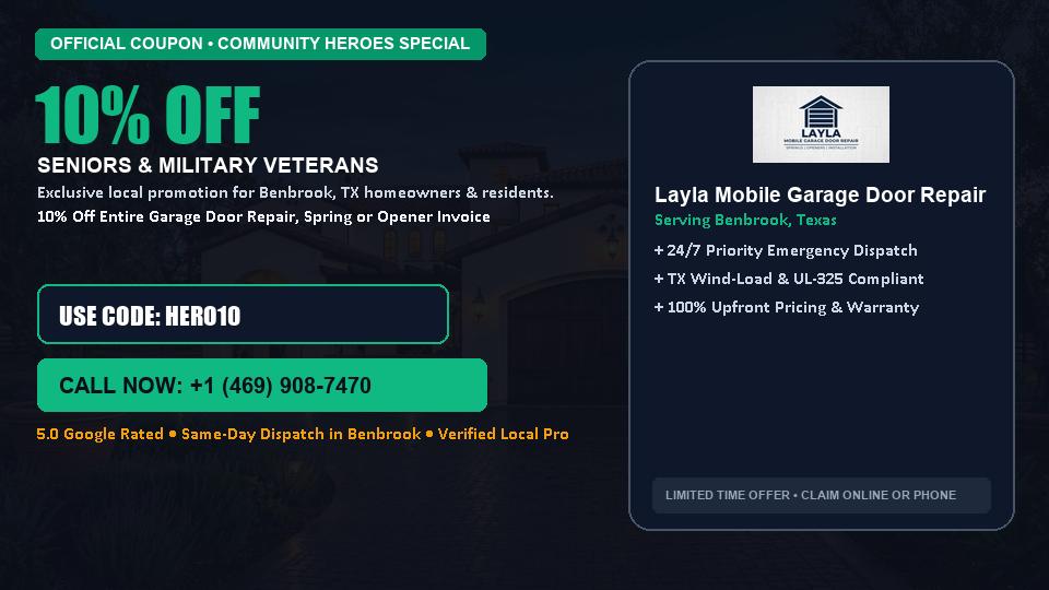 Layla Mobile Garage Door Repair 10% OFF Seniors & Military Veterans in Benbrook, TX